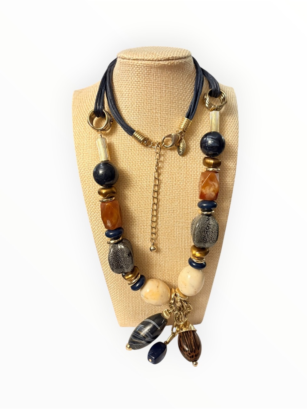 Chico's Mixed Media Beaded Statement Necklace Navy Leather Cord Earthy Charms